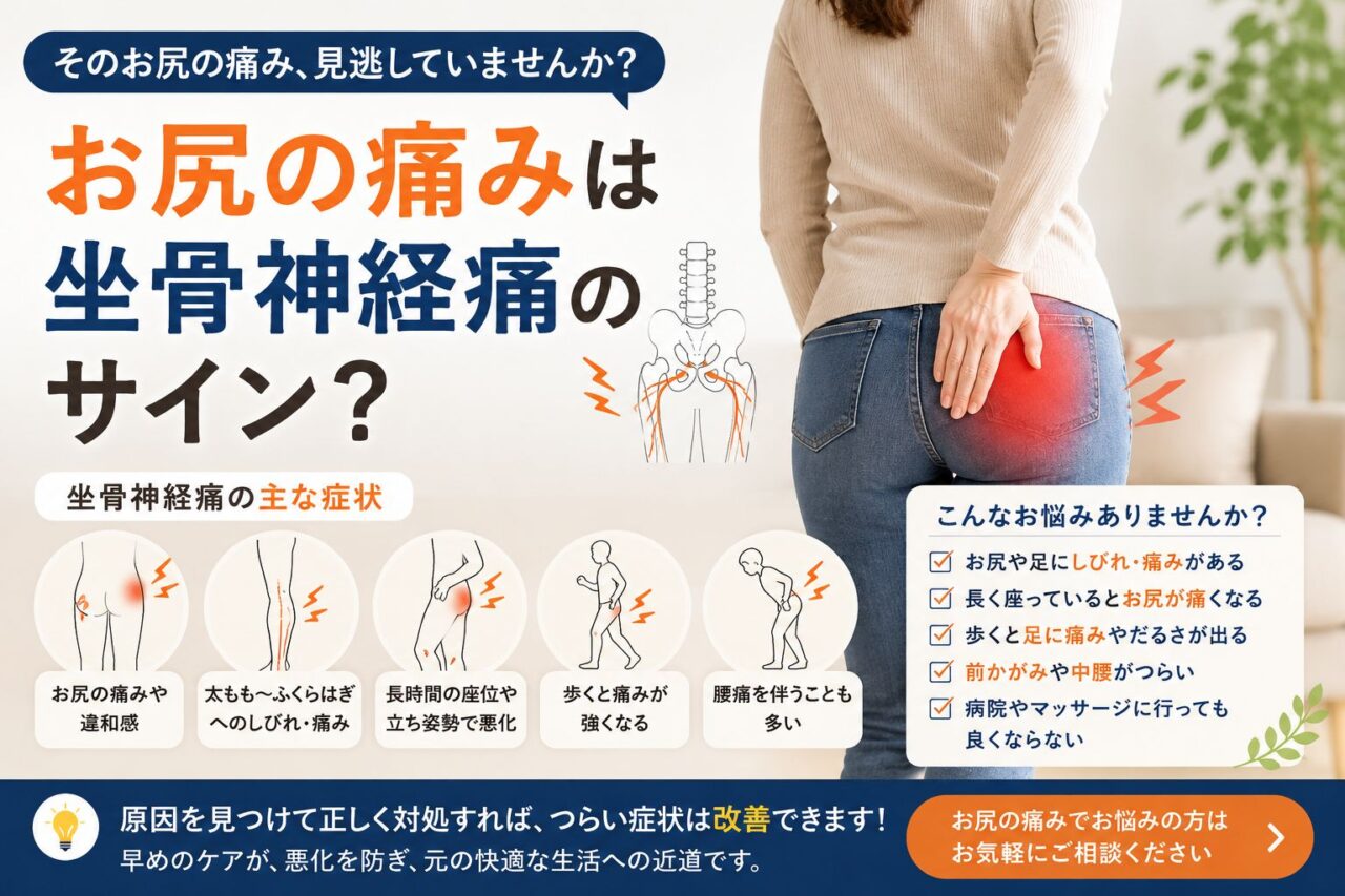 お尻の痛みやしびれが坐骨神経痛のサインである可能性を説明するイメージ画像