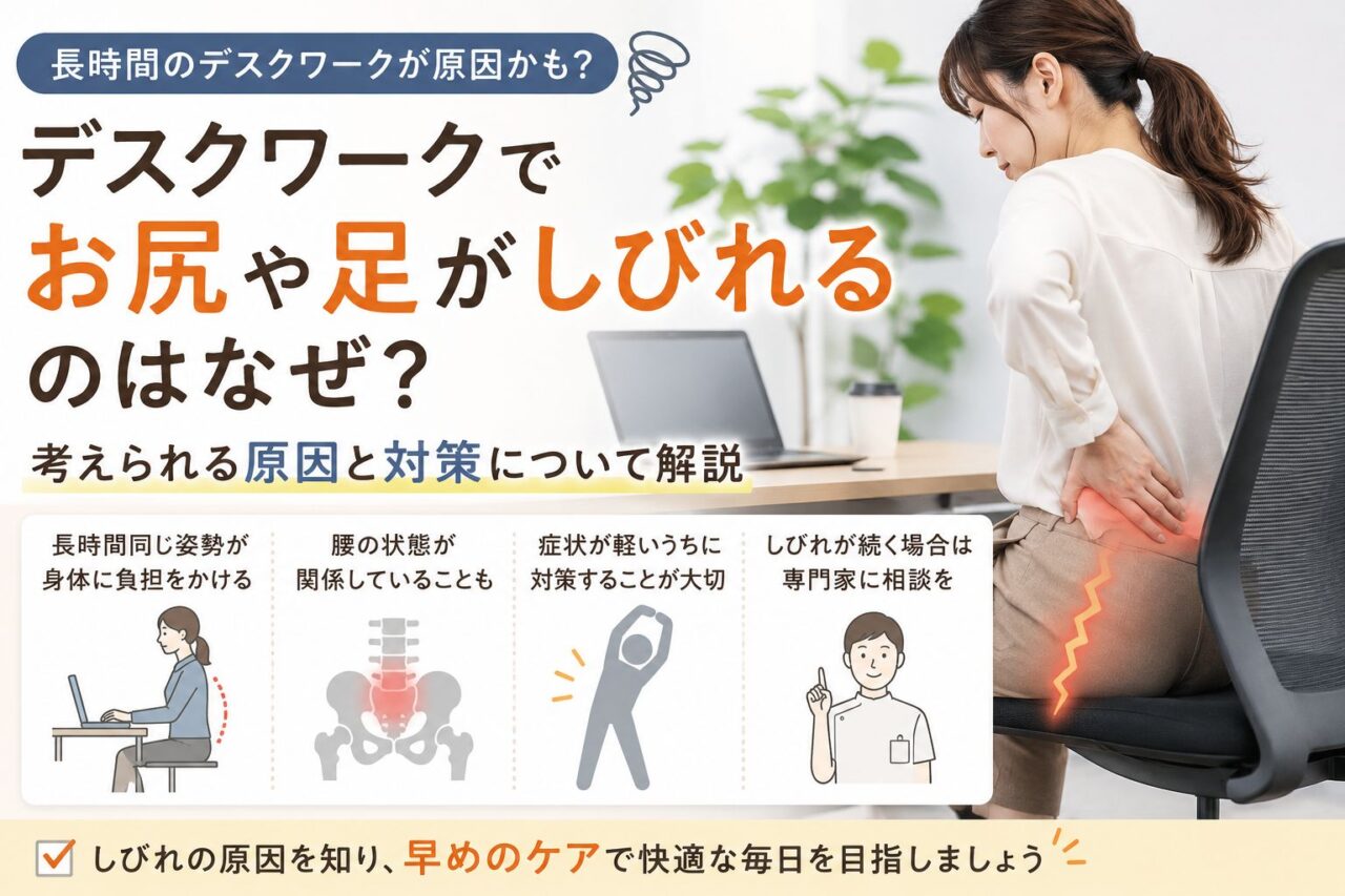 デスクワークによるお尻や足のしびれの原因について解説するイメージ