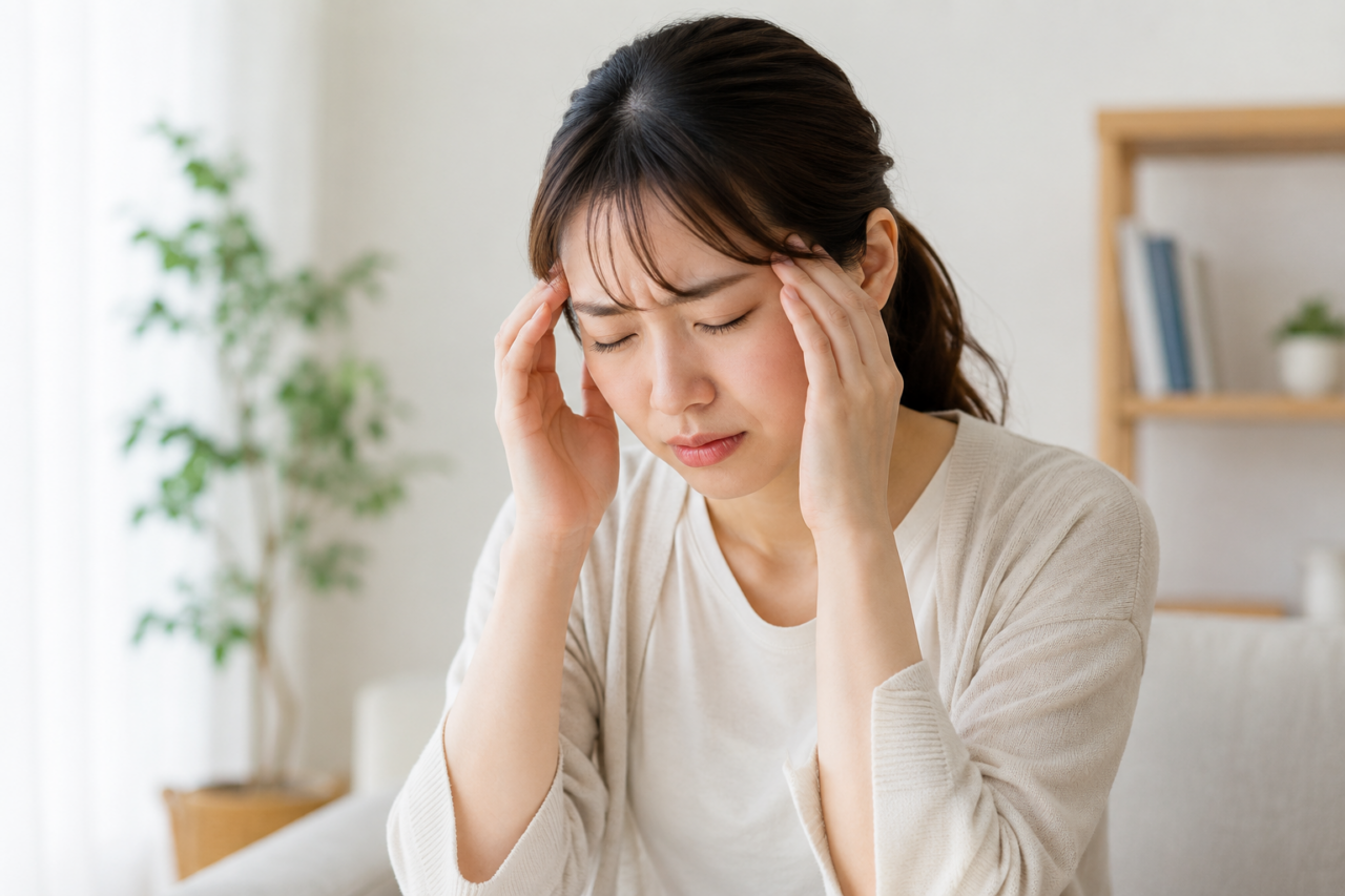 頭痛でお悩みの女性 慢性的な頭痛に悩み頭を押さえる女性|岩出市の整体院