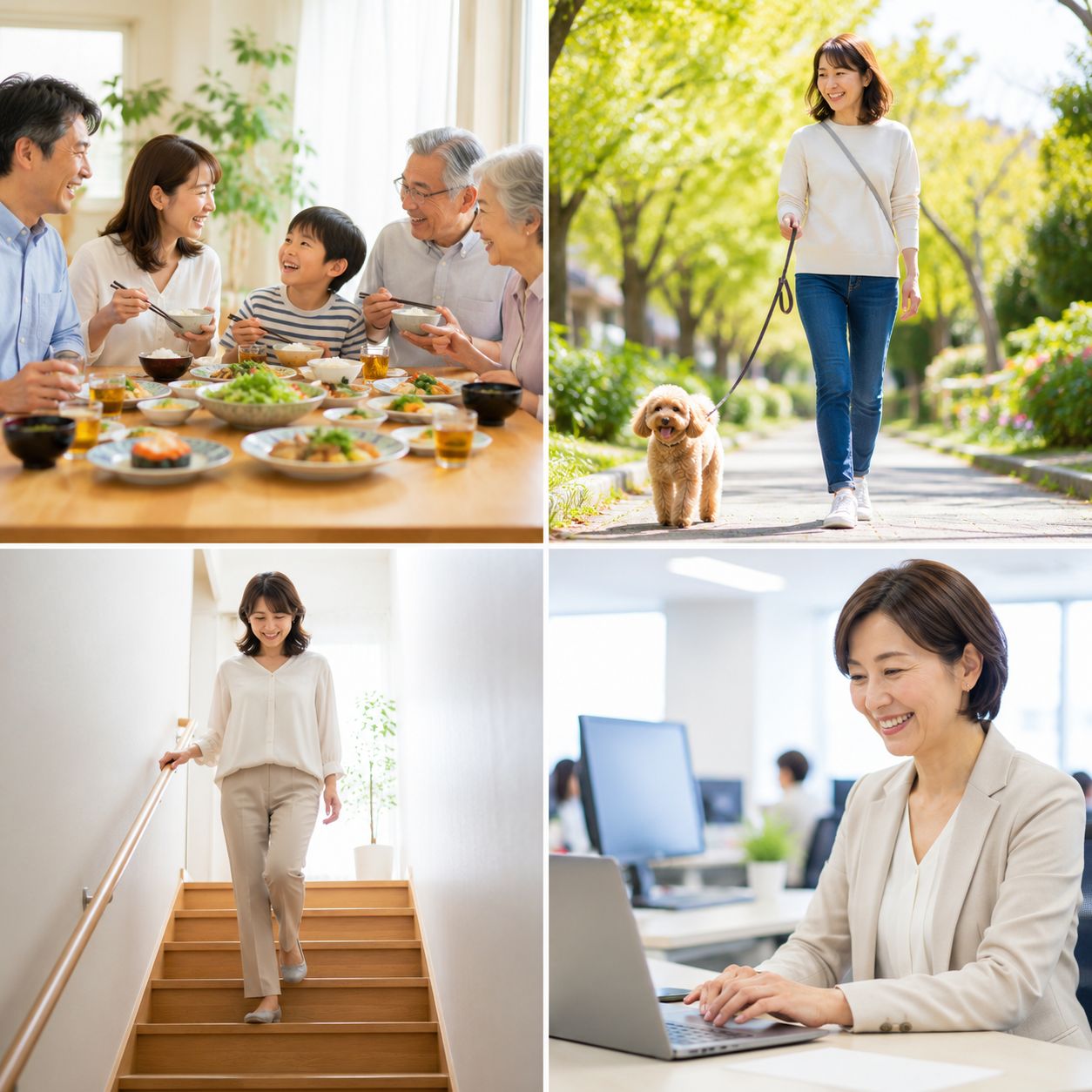 更年期の不調が改善し、自分らしい毎日を取り戻すイメージ 更年期の不調が改善し、家族との食事や犬の散歩、階段の上り下り、仕事を笑顔で楽しむ女性たち