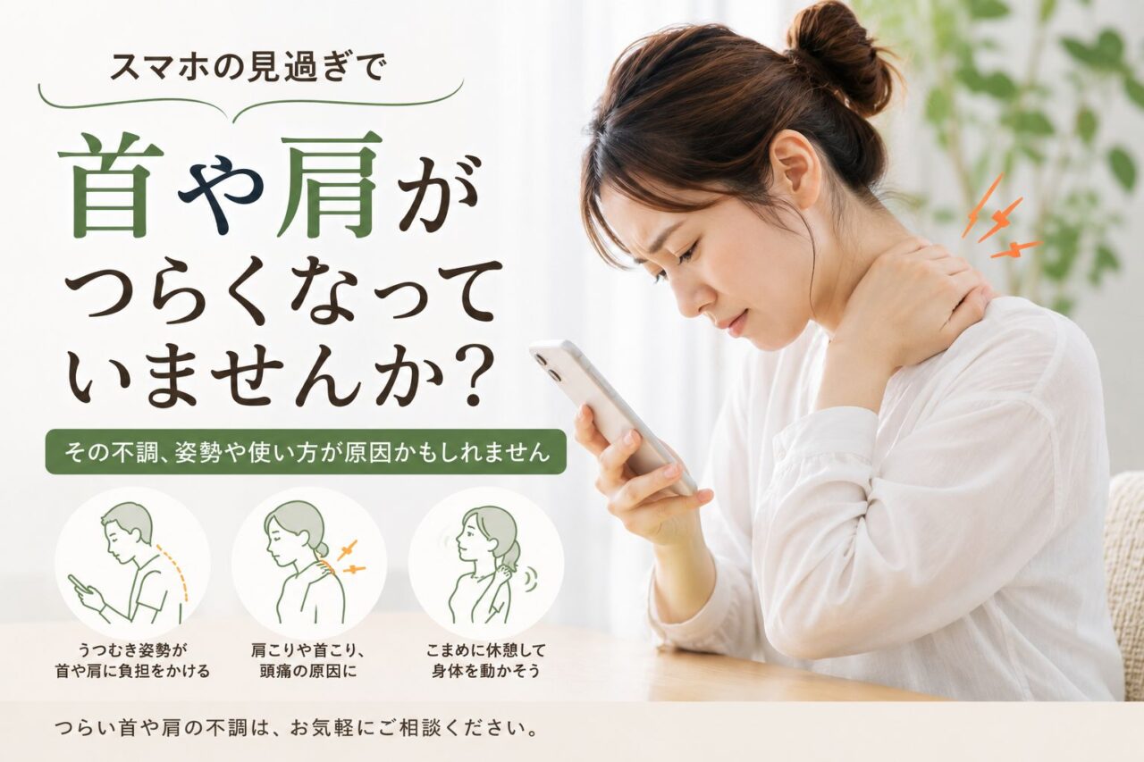 スマホの見過ぎによる首こりや肩こりで悩む女性