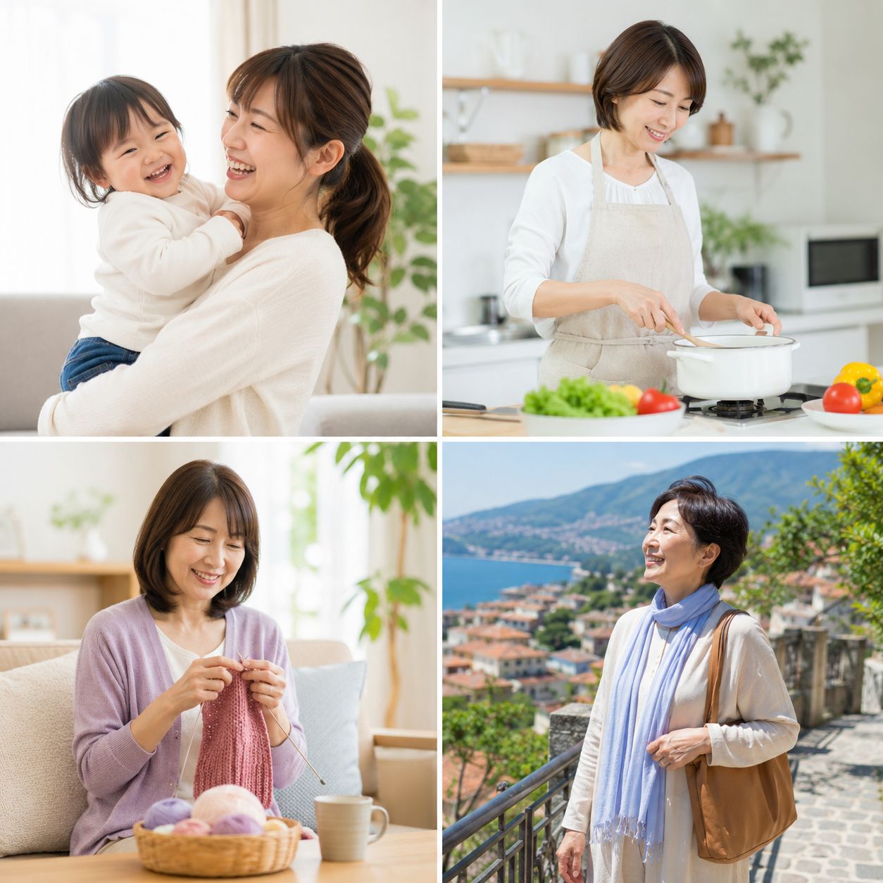 肩こりが改善し、あなたらしい毎日を取り戻すイメージ 肩こりが改善し、子どもを抱っこしたり家事や趣味、旅行を楽しむ女性たちのイメージ