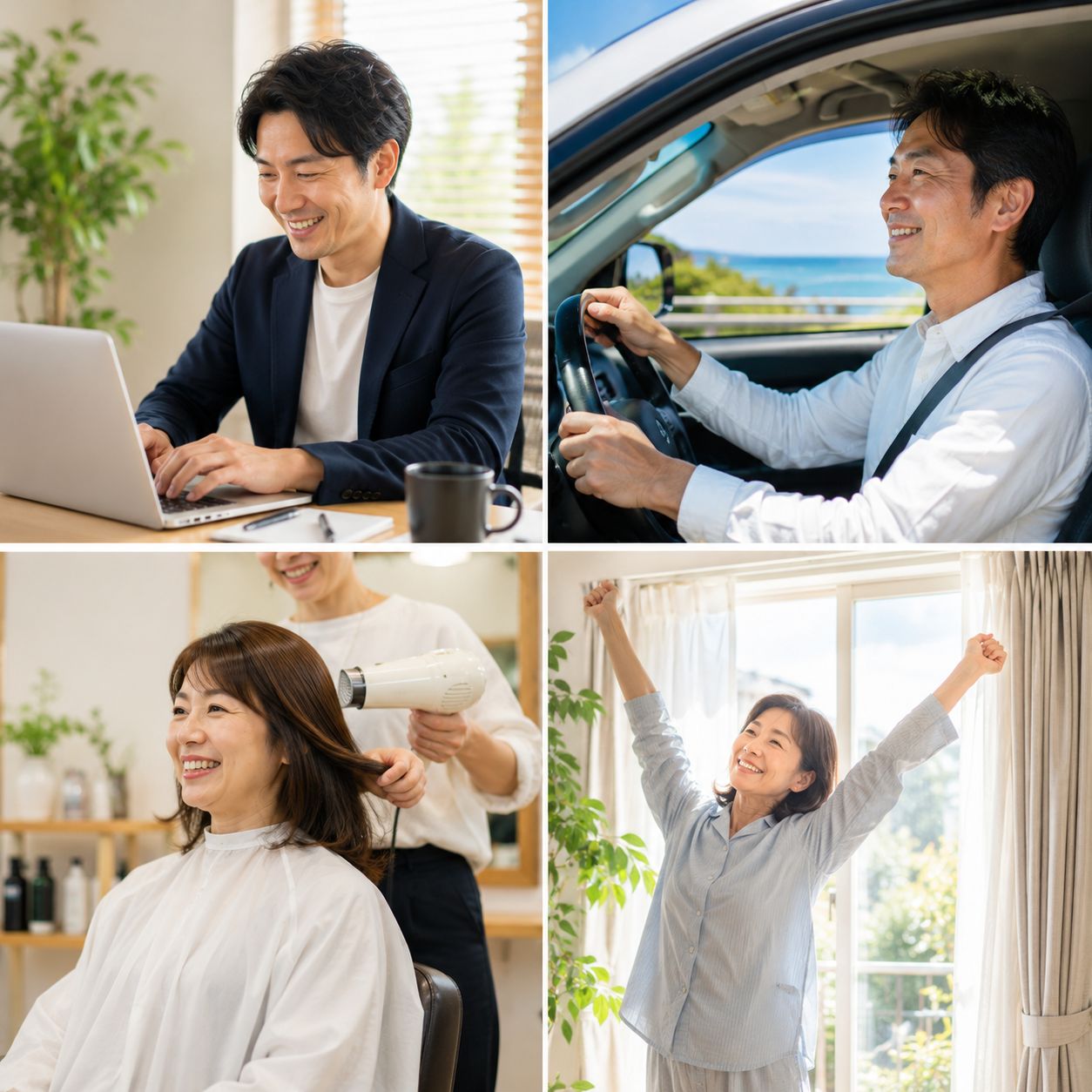 首の痛みが改善し、仕事や運転、美容室、朝の目覚めを快適に過ごす人たちのイメージ