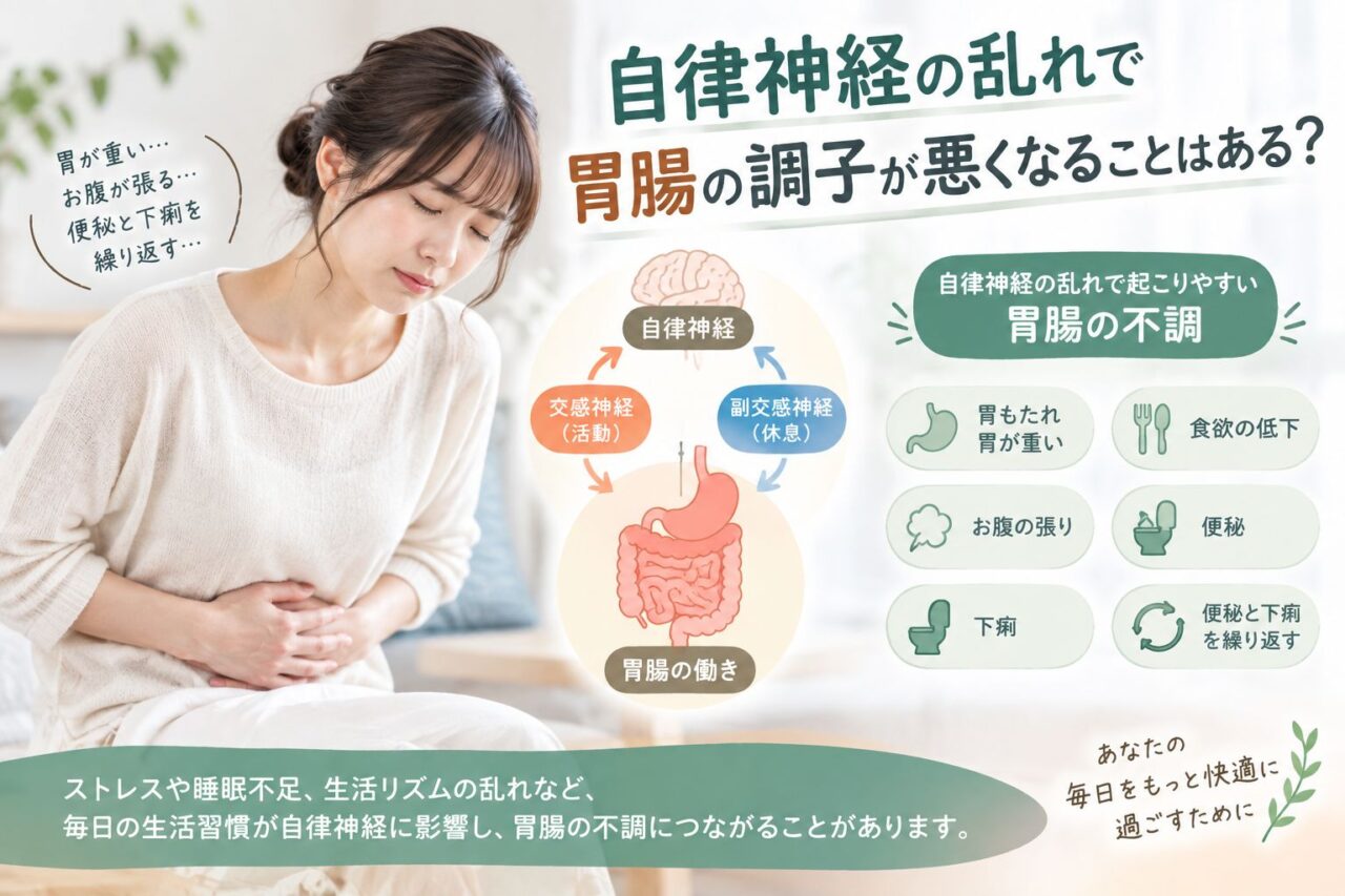 自律神経の乱れで胃腸の調子が悪くなる女性|胃もたれ・お腹の張り・便秘や下痢