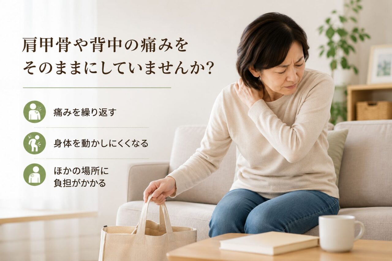 肩甲骨や背中の痛みを放っておくとどうなる? 肩甲骨や背中の痛みを我慢しながら日常生活を送る女性のイメージ