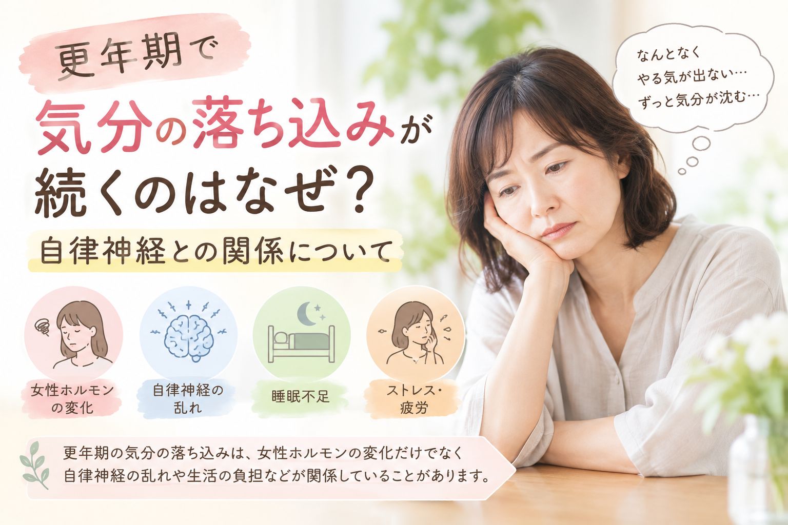 更年期で気分の落ち込みが続き、自律神経との関係を表した女性のイメージ