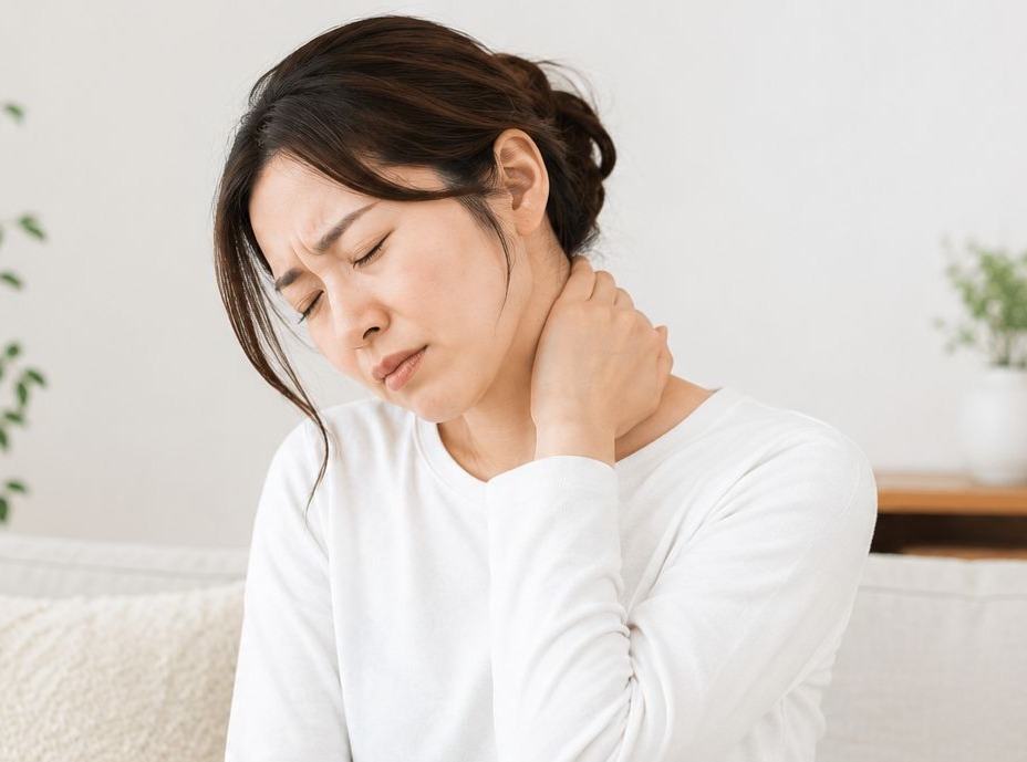 首の痛みを我慢していませんか? 首の痛みを我慢している女性のイメージ