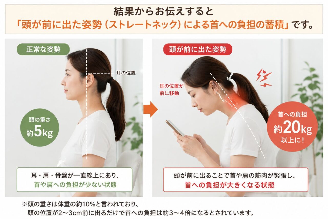 首の痛みは姿勢の崩れやストレートネックが関係することがあります 首の痛みや首こりの原因となる前かがみ姿勢とストレートネックのイメージ