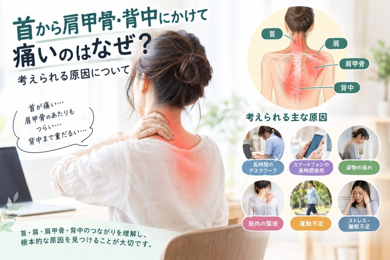 首から肩甲骨・背中にかけて痛い女性|首の痛み・肩甲骨の痛み・背中の痛みの原因
