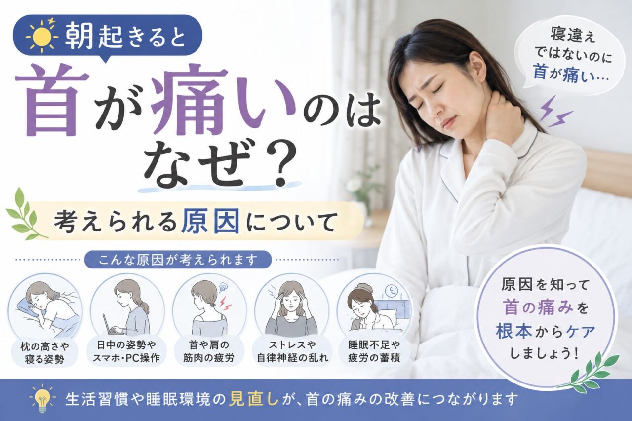 朝起きると首が痛い原因や睡眠姿勢、自律神経との関係について解説するアイキャッチ画像