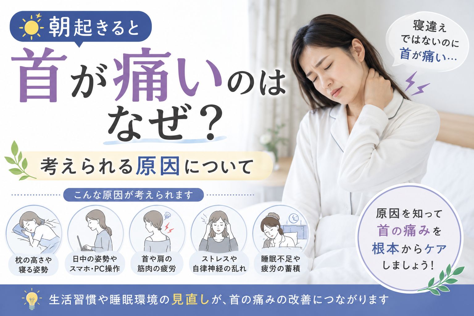 朝起きると首が痛い原因や睡眠姿勢、自律神経との関係について解説するアイキャッチ画像