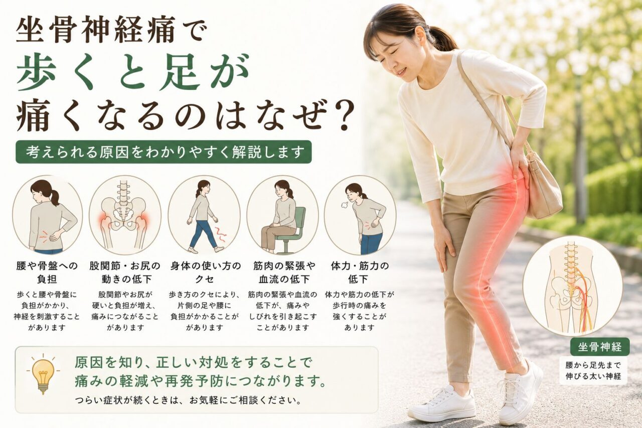 坐骨神経痛で歩くとお尻から足にかけて痛みを感じる女性