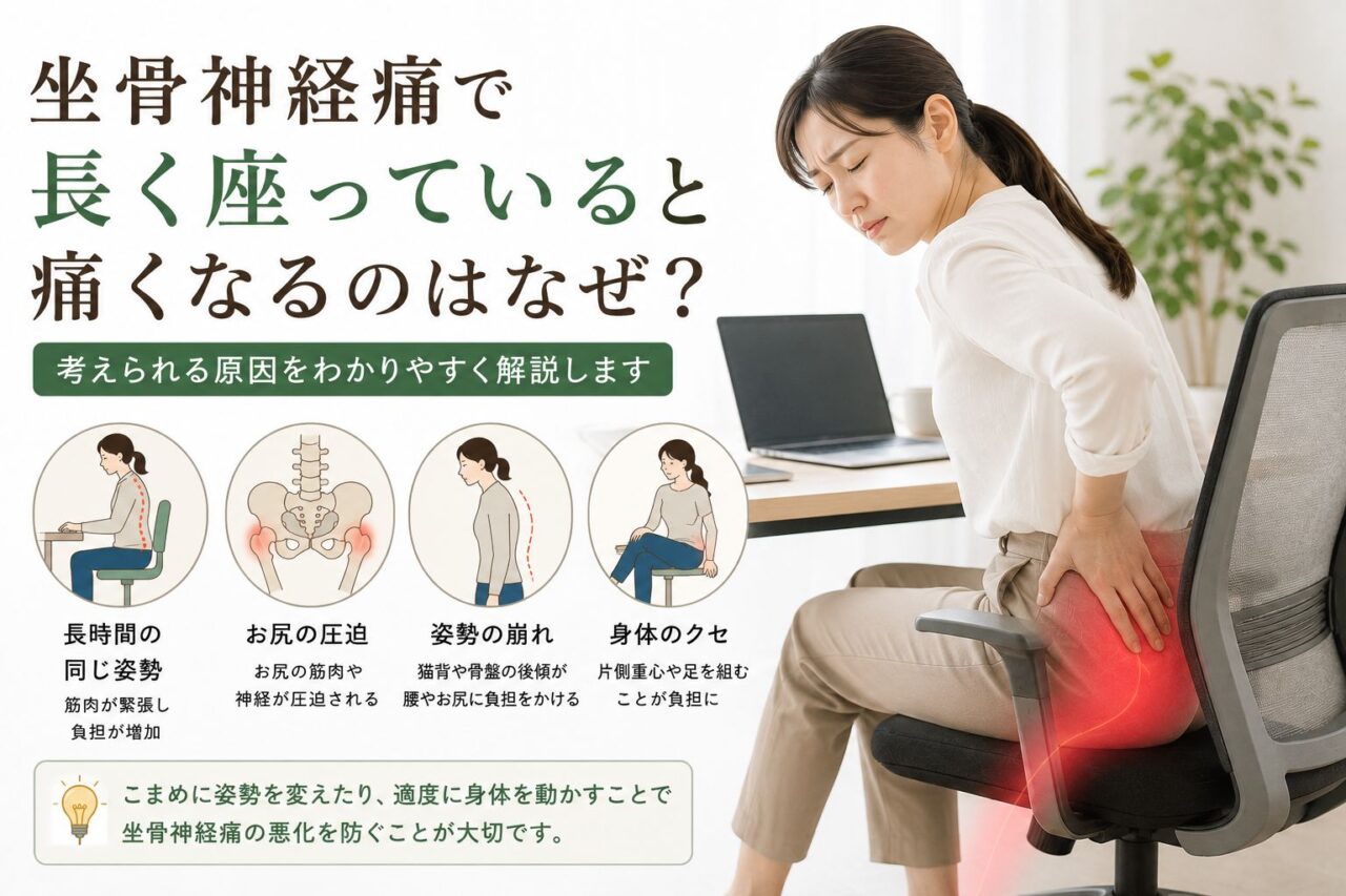 長時間座ることでお尻から足に痛みが出る坐骨神経痛のイメージ