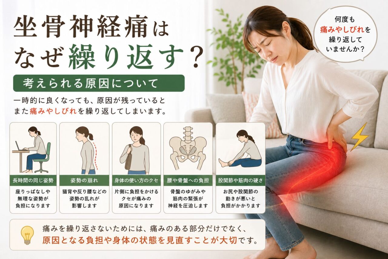坐骨神経痛によるお尻から足の痛みを繰り返す女性