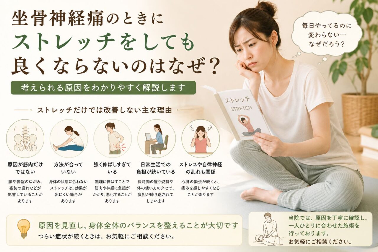 坐骨神経痛でストレッチをしてもお尻や足の痛み・しびれが改善しない女性