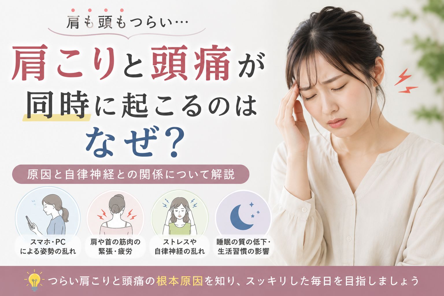 肩こりと頭痛が同時に起こる原因や自律神経との関係について解説するアイキャッチ画像