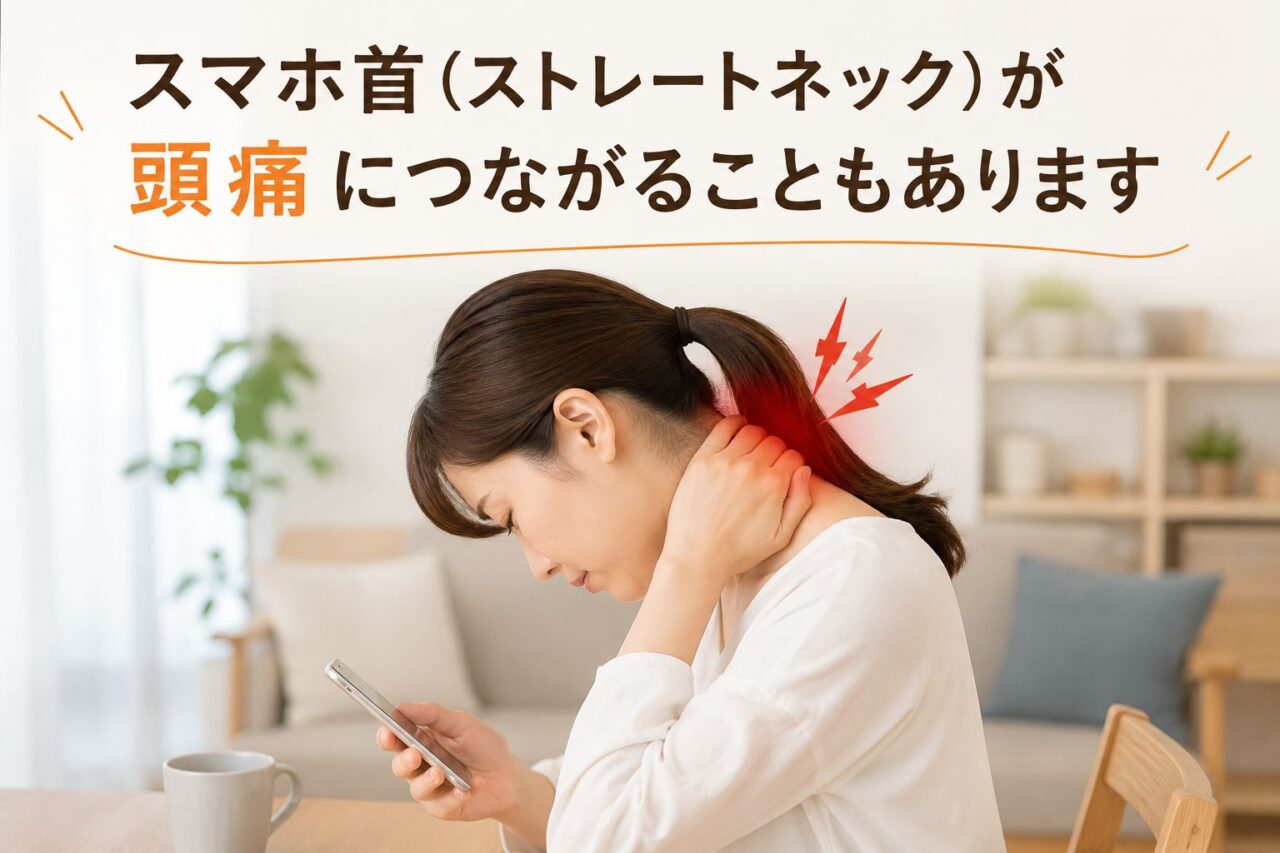スマホ首(ストレートネック)による首の負担と頭痛を表した女性のイメージ画像