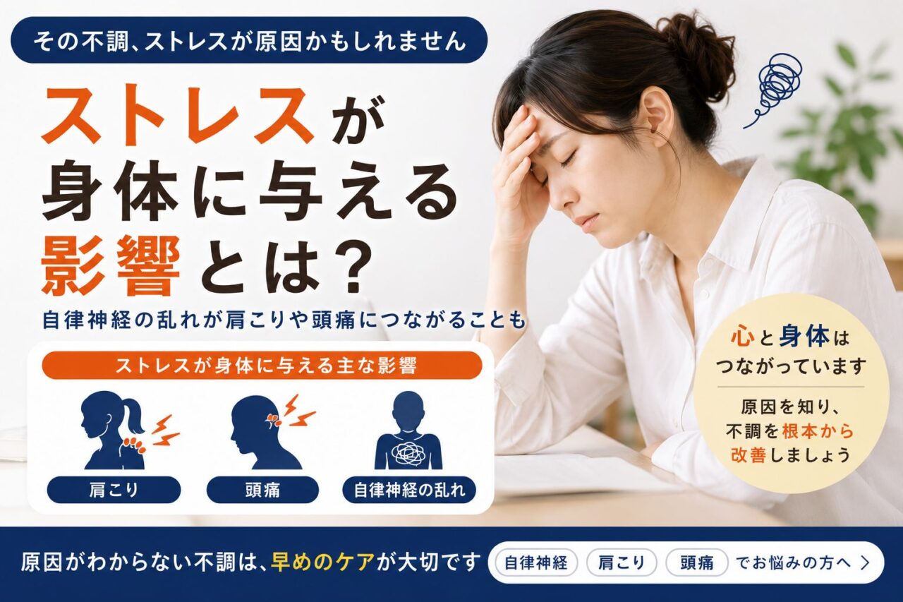ストレスが身体に与える影響と自律神経、肩こり、頭痛との関係を説明するイメージ画像