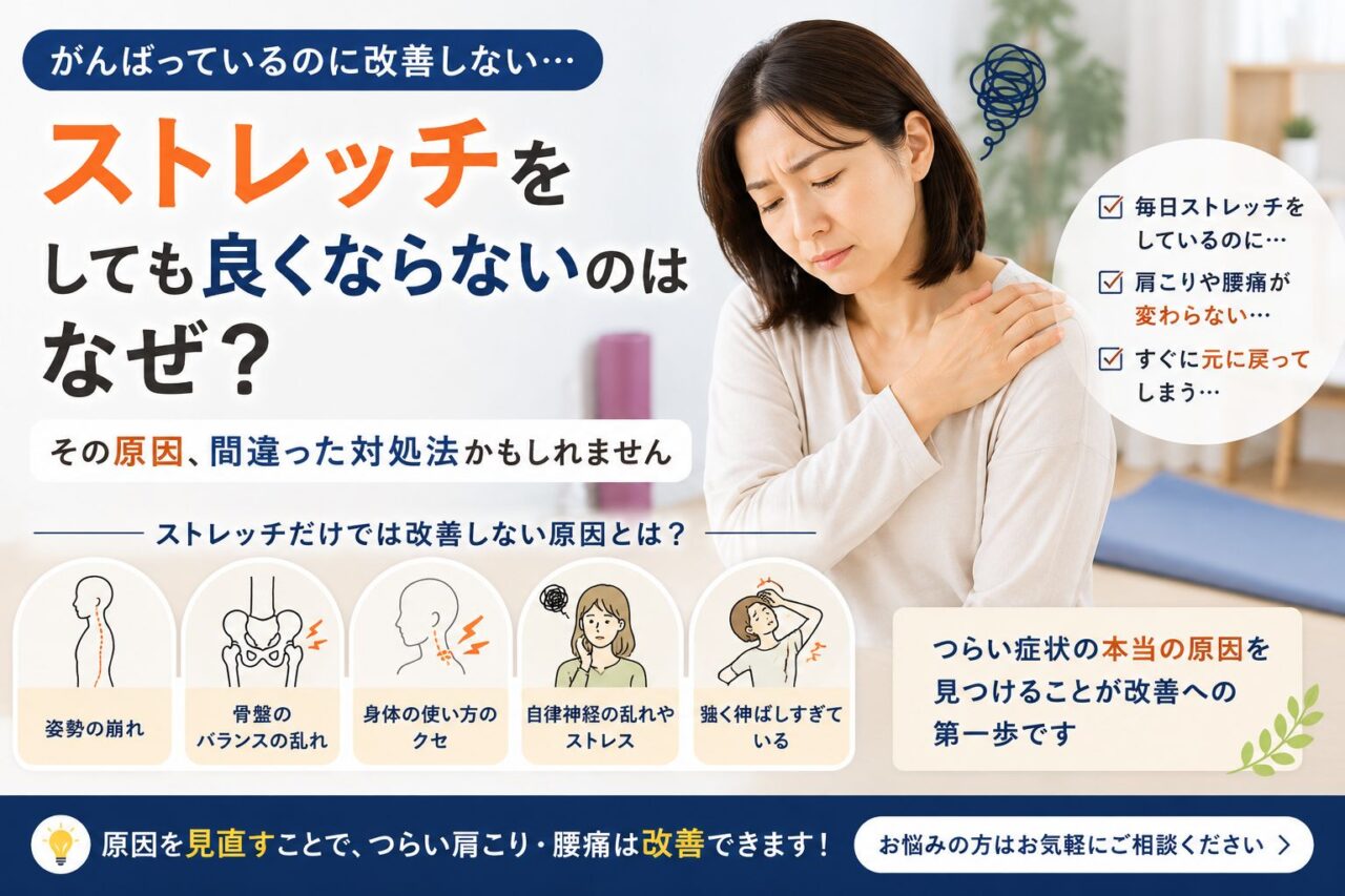 毎日ストレッチをしているのに肩こりや腰痛が改善しない原因について解説するイメージ画像