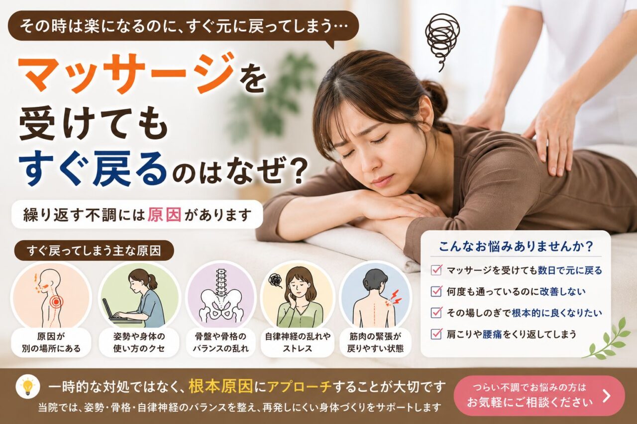 マッサージを受けても肩こりや腰痛がすぐ戻ってしまう原因について解説するイメージ画像
