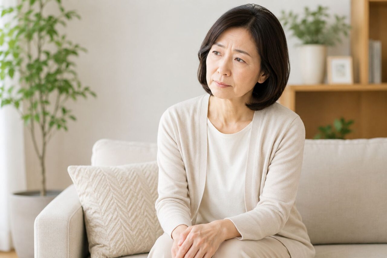 頭痛や身体の不調について悩む女性 頭痛や身体の不調について悩み考えている50代女性