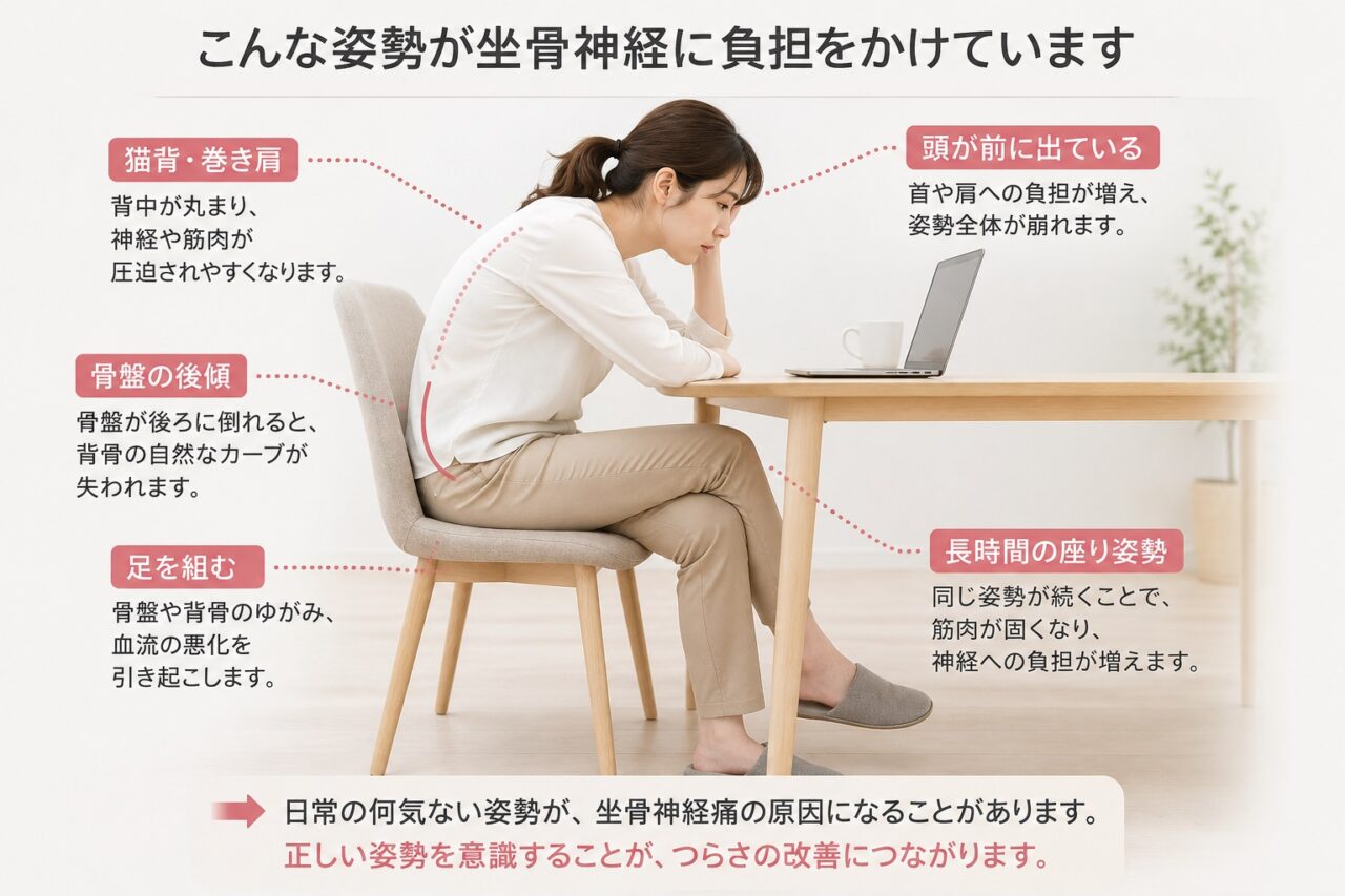 猫背や足組みなど悪い座り姿勢によって坐骨神経痛の原因となる身体のゆがみを説明したイラスト