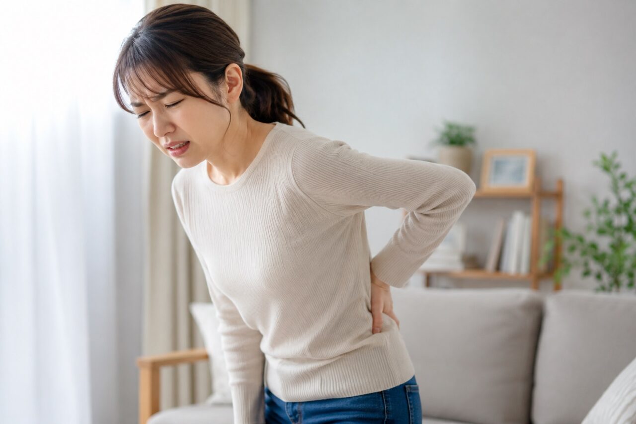 腰痛で悩む女性 腰を押さえてつらそうにする女性|慢性的な腰痛やぎっくり腰のイメージ