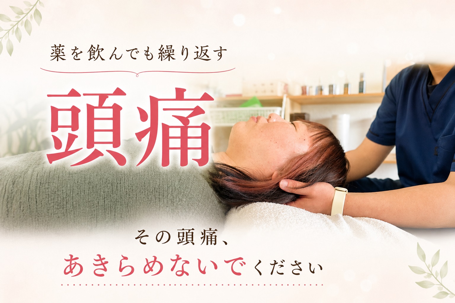 薬を飲んでも繰り返す頭痛でお悩みの女性が頭痛整体を受けている様子